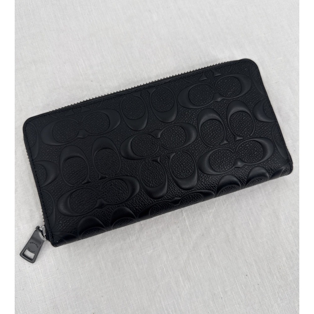 Coach Leather Continental Accordion Zip Black Signature Debossed Wallet READ